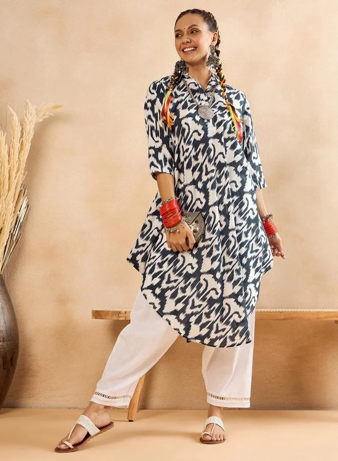 Winered White And Black Ikat Print Tunic And Wide Leg Pants Co-Ord Set