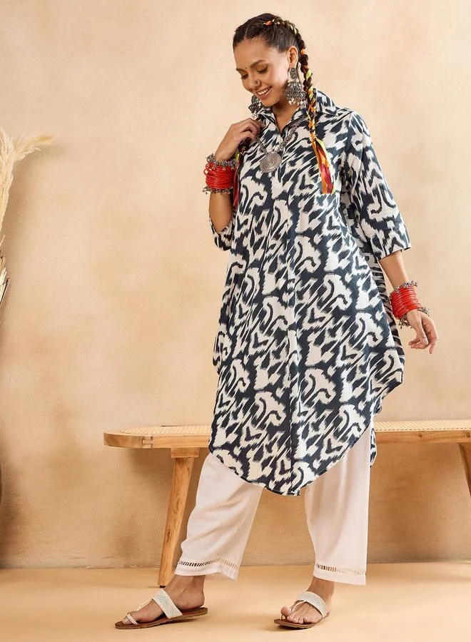 Winered White And Black Ikat Print Tunic And Wide Leg Pants Co-Ord Set