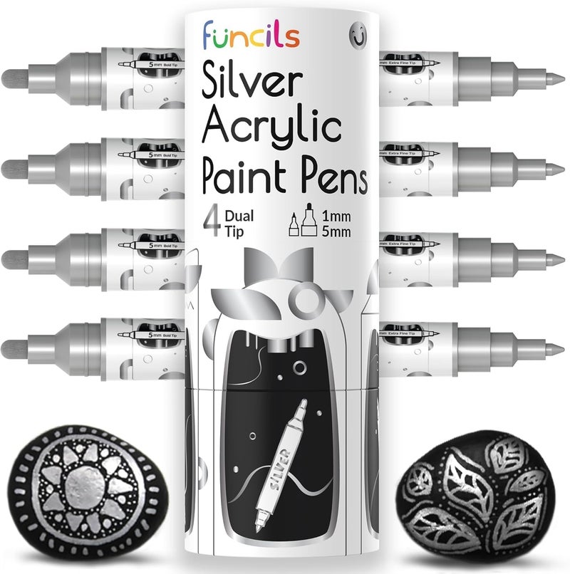 4 Acrylic Metallic Silver Paint Pen Dual Tip Fine Tip Medium Acrylic Paint Markers Silver Metallic Marker for Rock Painting Canvas Wood Glass Fabric Metal and Plastic Waterbased Ink
