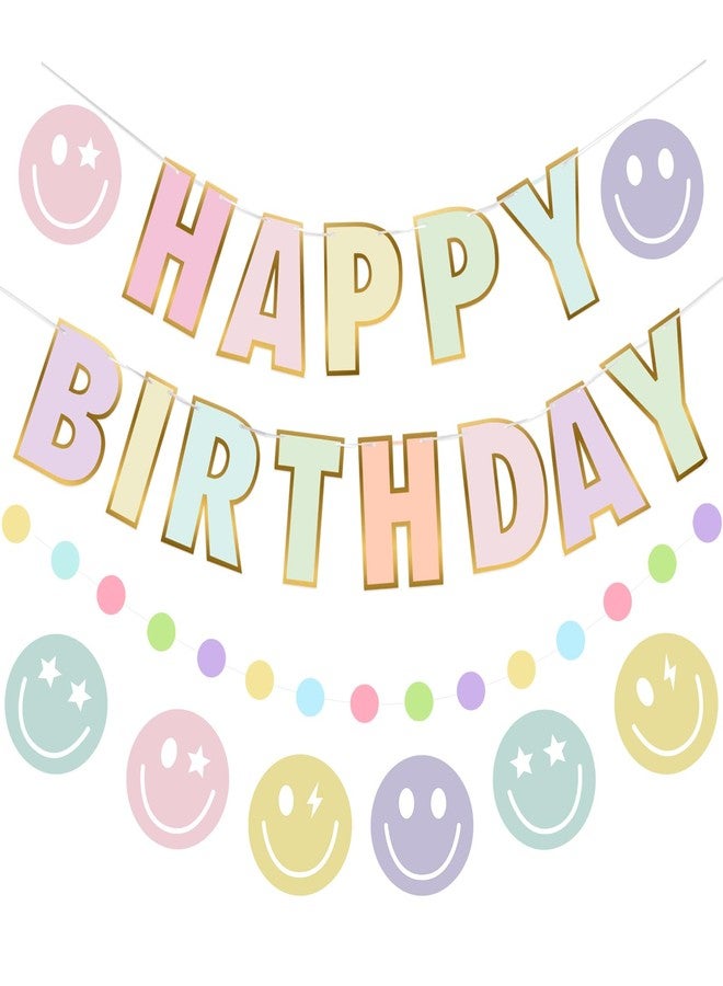 Danadia Pastel Birthday Decorations, Pre-Strung Happy Birthday Banner with Smiley Face and Circle Dot Garland,NO DIY Preppy Party Decorations for Women Girls Men Boys - Image 1