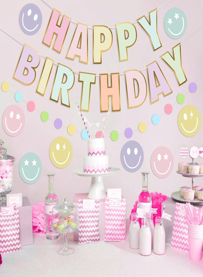 Danadia Pastel Birthday Decorations, Pre-Strung Happy Birthday Banner with Smiley Face and Circle Dot Garland,NO DIY Preppy Party Decorations for Women Girls Men Boys - Image 4