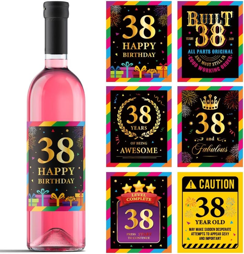 Paintio 38th Birthday Wine Labels - Wine Bottle Stickers Birthday Supplies for 38 Years Old Happy Birthday Party - Gift Idea for Birthday Anniversary - 38th Birthday Party Decorations [Set of 6] - Image 1