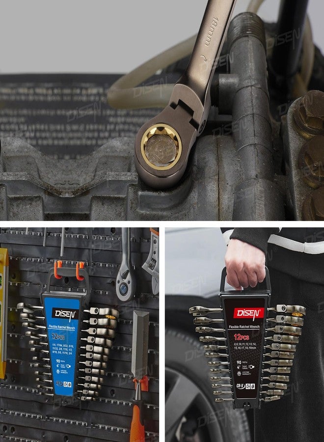 DISEN 24pcs 90-Teeth Ratchet Wrenches Set, Flex Head Ratcheting Wrench Set Metric 8MM-19MM and SAE Wrenches 1/4 Inch-3/4 Inch, Nickel Plating Cr-V Constructed with Organizer Rack - Image 5