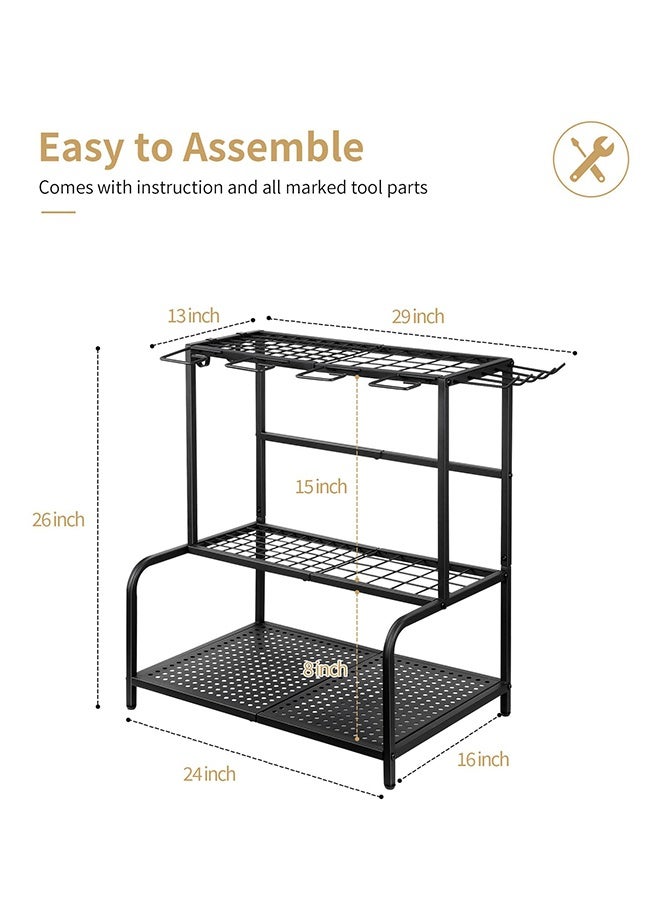 Forthcan Heavy Duty Garden Tool Organizer Rack, Freestanding Metal Storage Stand with Hooks and Shelves for Garage, Yard and Outdoor Tools - Image 3
