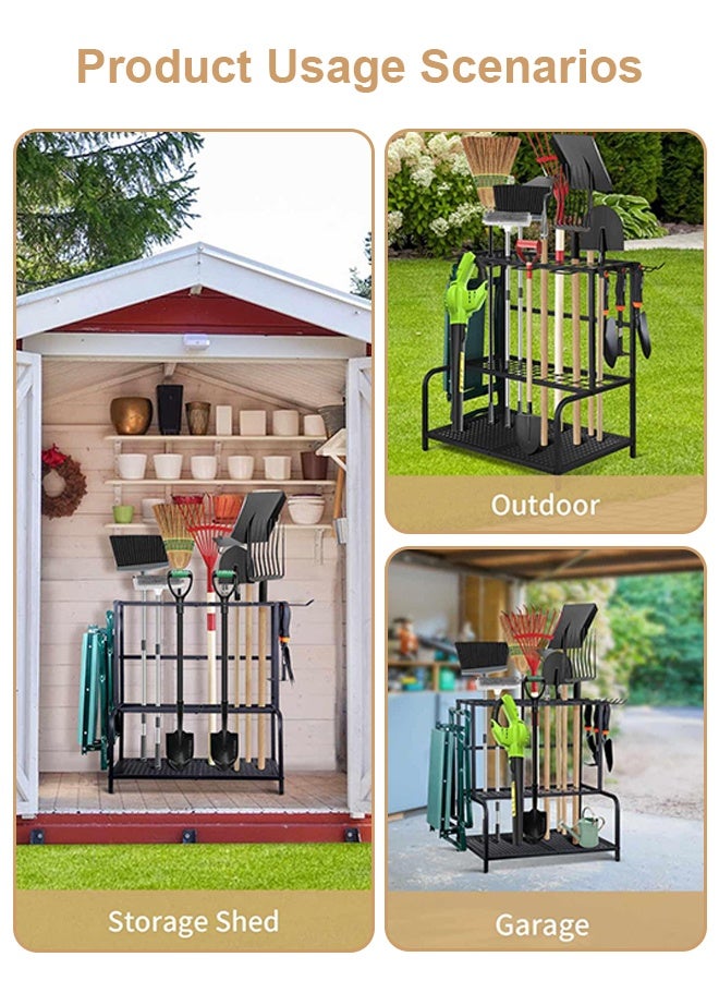 Forthcan Heavy Duty Garden Tool Organizer Rack, Freestanding Metal Storage Stand with Hooks and Shelves for Garage, Yard and Outdoor Tools - Image 2