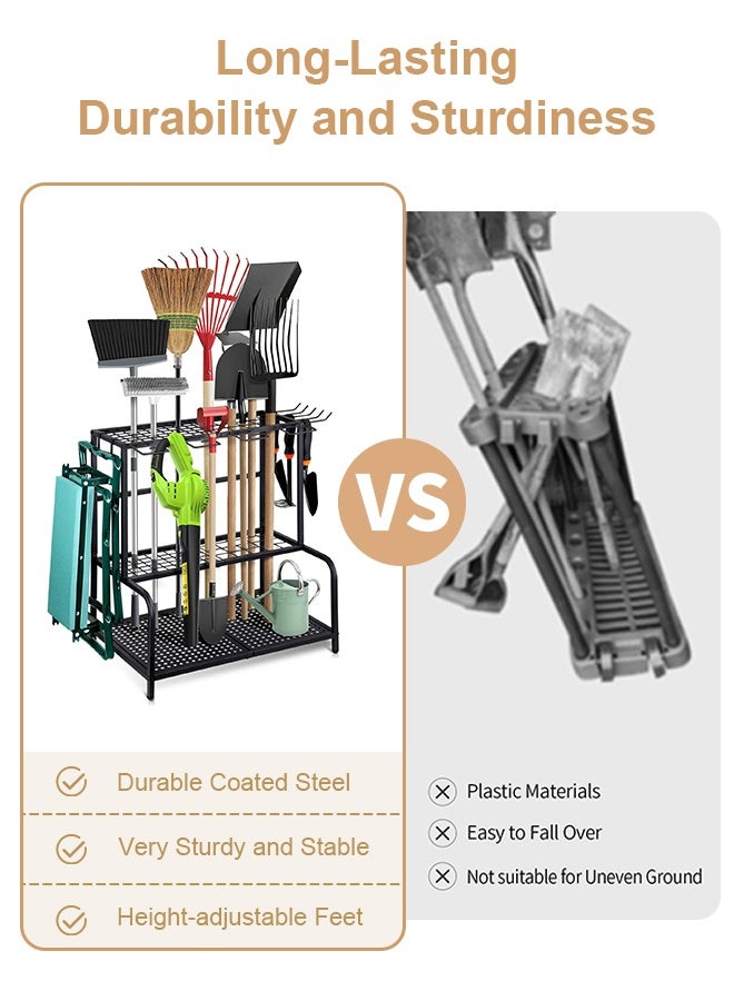 Forthcan Heavy Duty Garden Tool Organizer Rack, Freestanding Metal Storage Stand with Hooks and Shelves for Garage, Yard and Outdoor Tools - Image 4