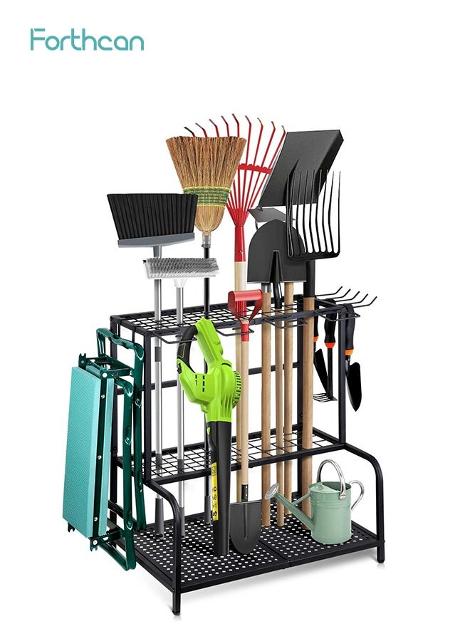 Heavy Duty Garden Tool Organizer Rack, Freestanding Metal Storage Stand with Hooks and Shelves for Garage, Yard and Outdoor Tools