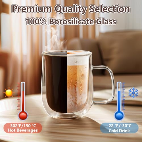 COMOME Double Walled Glass Coffee Mugs 12 oz, Glass Coffee Cups Set of 4 with Spoons, Clear Coffee Mug with Handles for Hot Beverages, Cappuccino, Latte, and Tea Bags. - Image 4