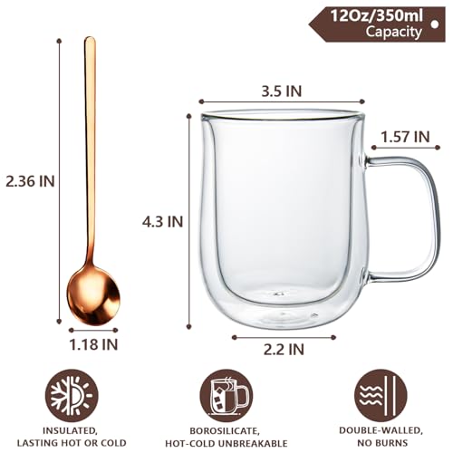COMOME Double Walled Glass Coffee Mugs 12 oz, Glass Coffee Cups Set of 4 with Spoons, Clear Coffee Mug with Handles for Hot Beverages, Cappuccino, Latte, and Tea Bags. - Image 2