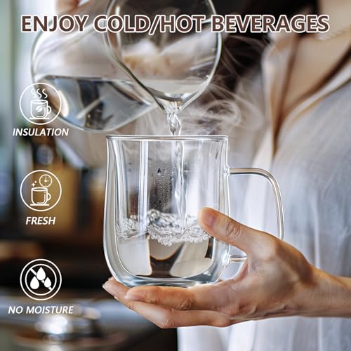 COMOME Double Walled Glass Coffee Mugs 12 oz, Glass Coffee Cups Set of 4 with Spoons, Clear Coffee Mug with Handles for Hot Beverages, Cappuccino, Latte, and Tea Bags. - Image 3