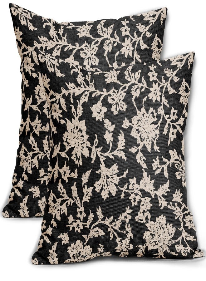 Aytipun Black Floral Pillow Covers 18x18 Set of 2 Brown Cream Vintage Flower Block Print Pattern Decorative Throw Pillowcases Outdoor Rustic Farmhouse Square Cushion Cases Decor for Home Couch Sofa Bed - Image 1