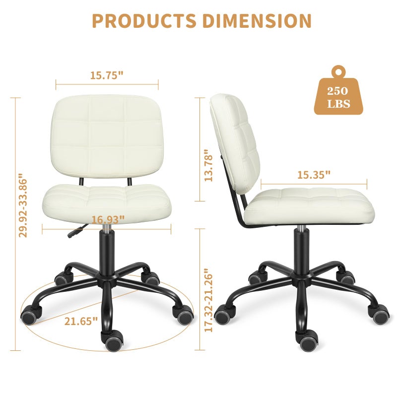 ERGOSEAT كرسي مكتب منزلي بدون ذراعين من ERGOSEAT مع عجلات، كرسي تصميم عصري مريح مع عجلات دوارة بزاوية 360 درجة، كراسي مهام كمبيوتر قابلة للتعديل في الارتفاع لمساحات صغيرة، أبيض - Image 2