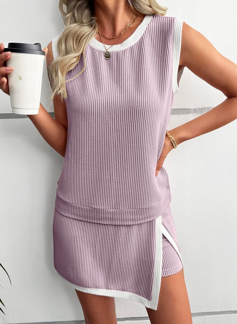 EVALESS 2 Piece Sets for Women Summer Matching Athletic Lounge Outfits Ribbed Knit Tank Top and Elastic Waist Split Lined Skirt 2026 Spring Fashion Two Piece Skirts Set Plus Size Purple XX-Large - Image 3