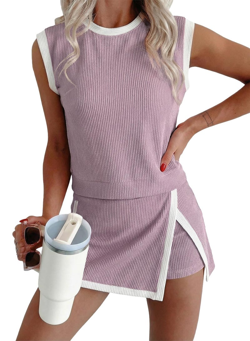 EVALESS 2 Piece Sets for Women Summer Matching Athletic Lounge Outfits Ribbed Knit Tank Top and Elastic Waist Split Lined Skirt 2026 Spring Fashion Two Piece Skirts Set Plus Size Purple XX-Large - Image 1