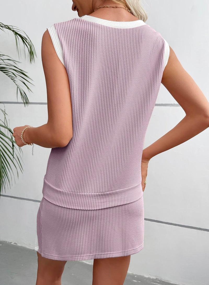 EVALESS 2 Piece Sets for Women Summer Matching Athletic Lounge Outfits Ribbed Knit Tank Top and Elastic Waist Split Lined Skirt 2026 Spring Fashion Two Piece Skirts Set Plus Size Purple XX-Large - Image 2