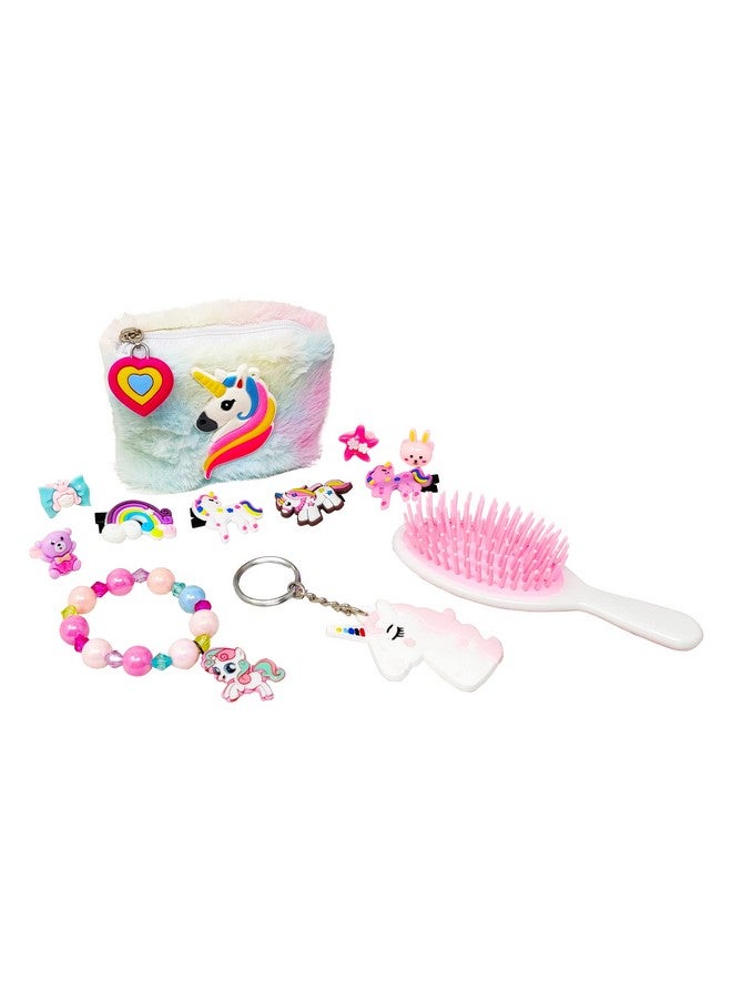 Parteet Combo Unicorn Fer Pouch For Girls With 4 Hair Clips, 4 Rings, 1 Bracelet, 1 Keychain And 1 Comb, Return Gift For Kids, Gift Pack (Pack Of 6 Items) - Image 1