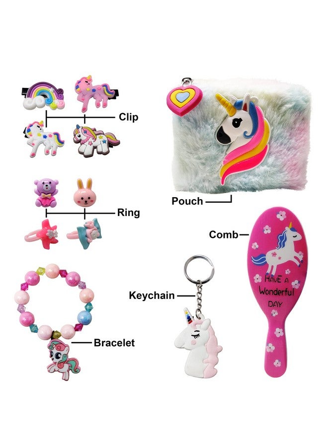 Parteet Combo Unicorn Fer Pouch For Girls With 4 Hair Clips, 4 Rings, 1 Bracelet, 1 Keychain And 1 Comb, Return Gift For Kids, Gift Pack (Pack Of 6 Items) - Image 2