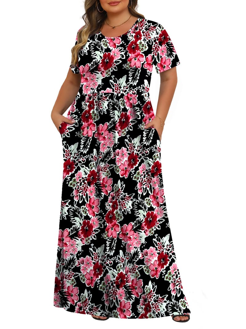 Tencede Womens Plus Size Maxi Dresses Summer 2026 Casual Short Sleeve with Pockets Long Dress Black Begonia Flower 3X - Image 1