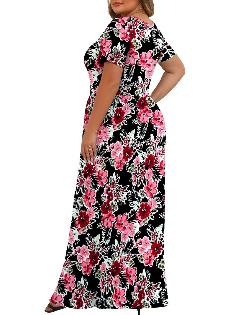 Tencede Womens Plus Size Maxi Dresses Summer 2026 Casual Short Sleeve with Pockets Long Dress Black Begonia Flower 3X - Image 4