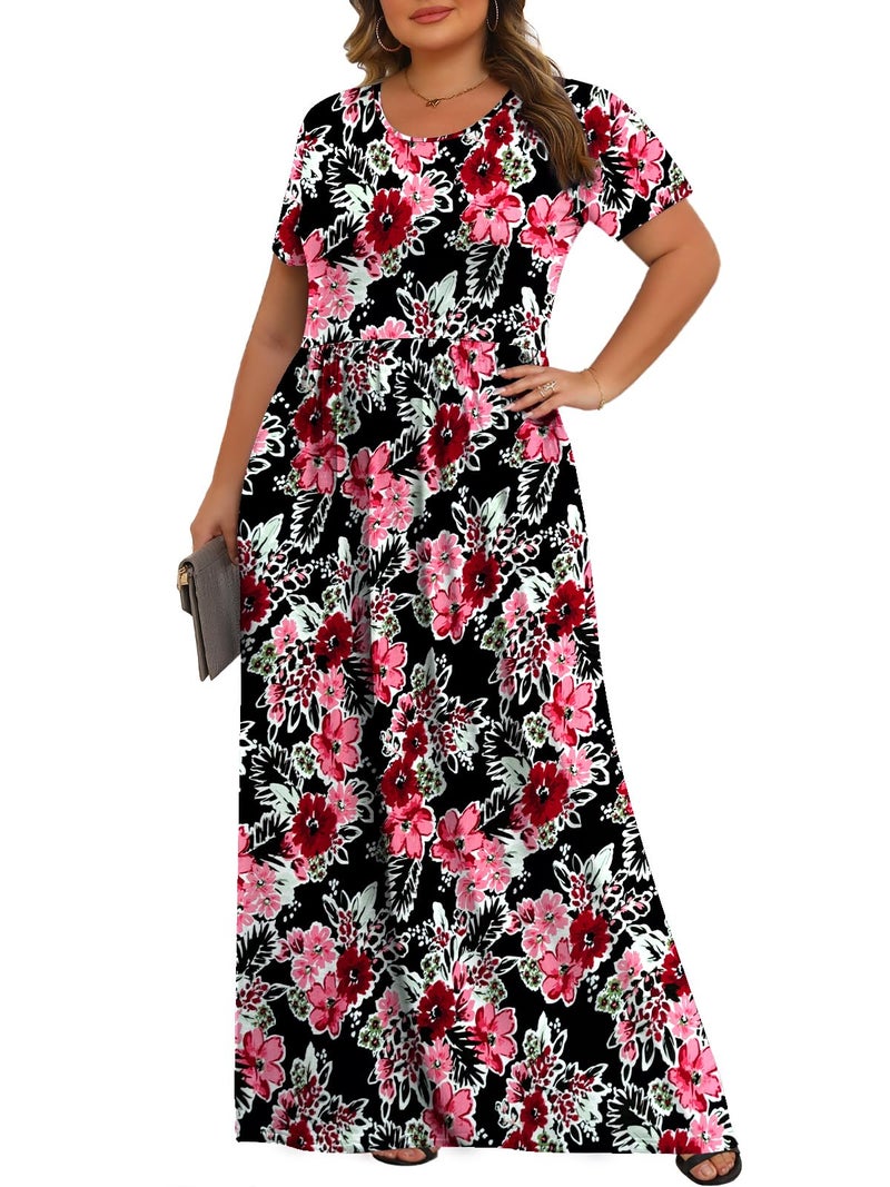 Tencede Womens Plus Size Maxi Dresses Summer 2026 Casual Short Sleeve with Pockets Long Dress Black Begonia Flower 3X - Image 2