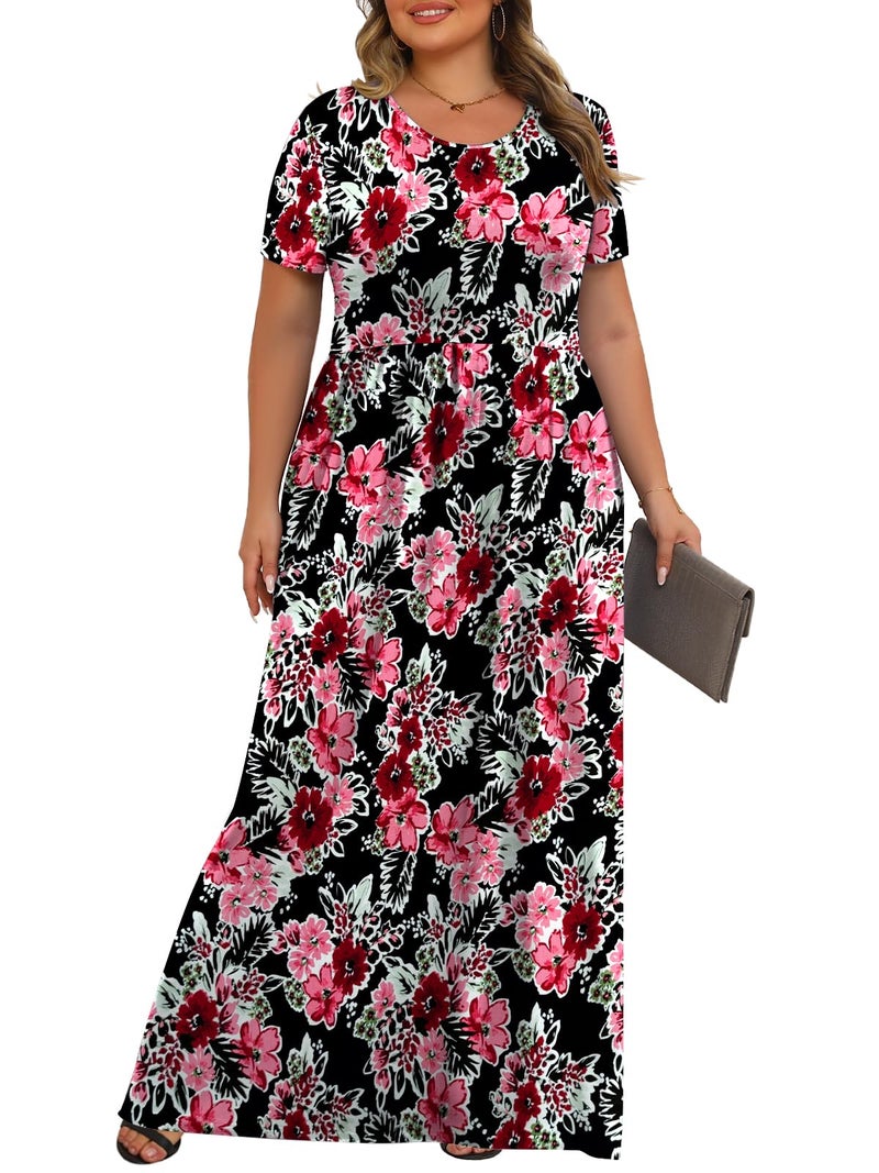 Tencede Womens Plus Size Maxi Dresses Summer 2026 Casual Short Sleeve with Pockets Long Dress Black Begonia Flower 3X - Image 3