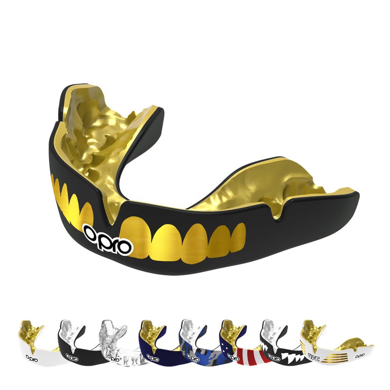 OPRO Instant Custom-Fit Mouth Guard, Dentist-Level Comfort, Protection & Fit - Moldable Mouthguard for Football, Boxing, Rugby, MMA, BJJ, UFC Mouth Piece- Includes Mouth Guard Case (Gold Teeth, Adult) - Image 1