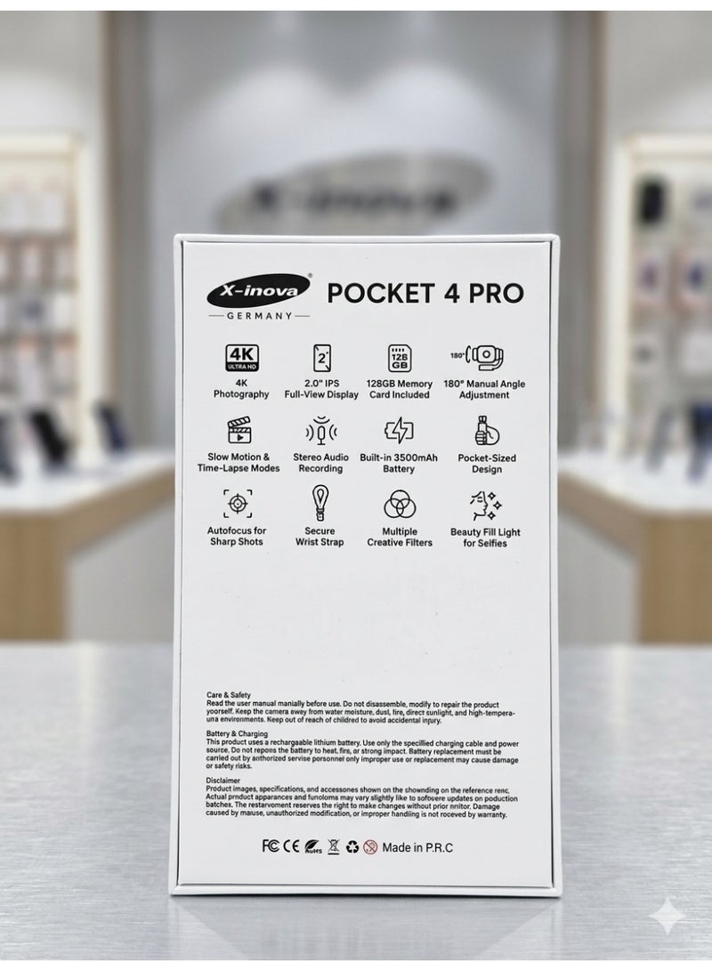 X-Inova كاميرا X-inova Pocket 4 Pro 4K Ultra HD المحمولة مع ضبط زاوية يدوي بزاوية 180 درجة - Image 2