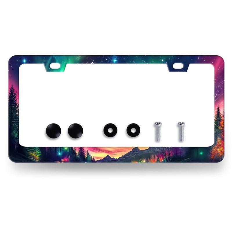 MUAWUOIK Beautiful Aurora Night Sky License Plate Frame Galaxy Forest License Plate Stainless Steel Colorful License Plate Frame Cars Auto Parts Decoration with Screws Funny License Plate Holder 12 x 6 Inch - Image 3