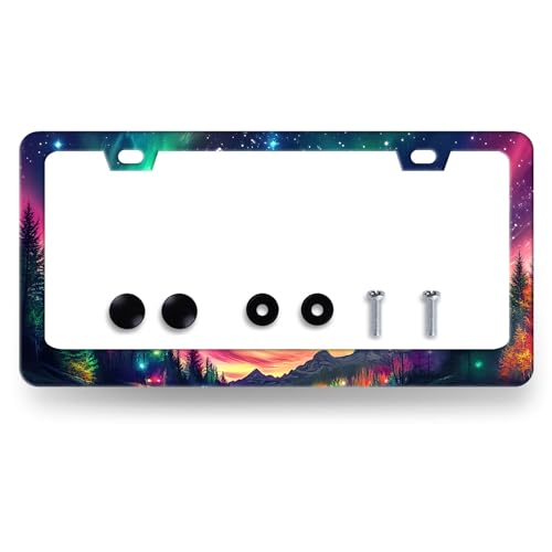 MUAWUOIK Beautiful Aurora Night Sky License Plate Frame Galaxy Forest License Plate Stainless Steel Colorful License Plate Frame Cars Auto Parts Decoration with Screws Funny License Plate Holder 12 x 6 Inch - Image 1