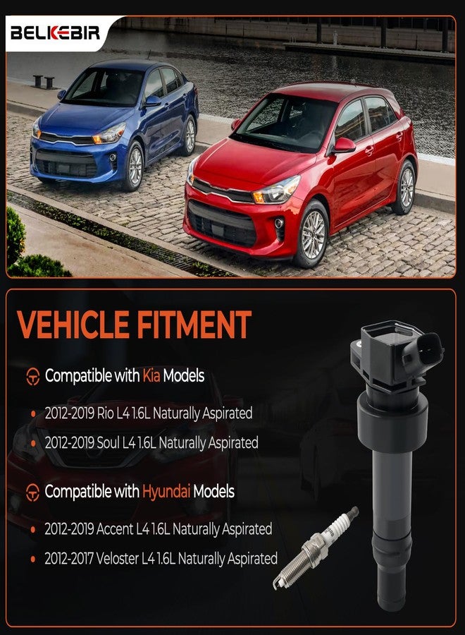 BELKEBIR Set of 4 Ignition Coil Packs & Iridium Spark Plugs Compatible with 1.6L L4 2012-2019 Kia Soul Rio, 2012-2019 Hyundai Accent, 2012-2017 Hyundai Veloster Replace UF652 273012B100 93815 SILZKR6B10E C1803 - Image 2