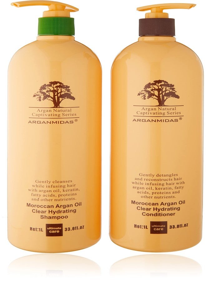 ARGANMIDAS Moroccan Oil Clear Hydrating Shampoo and Conditioner 2 Pack Bonus Size 33 oz. each Safe for Color Treated Hair UV Protection Salon Quality with Keratin enzymes - Image 1