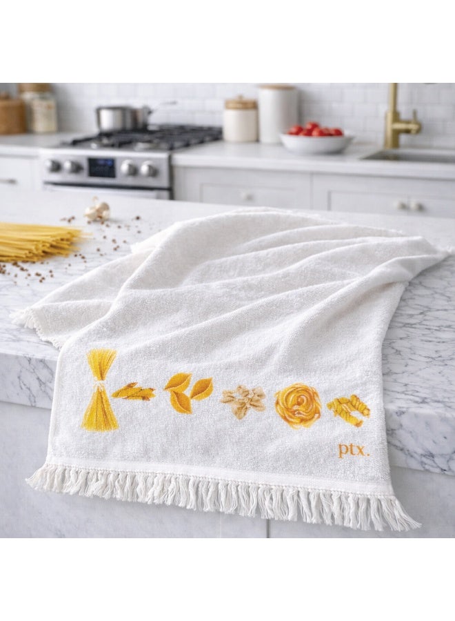 Printex Eg Printex.EG 100% Cotton Kitchen Towels, Set of 2, 400 GSM Ultra-Absorbent Dish Towels, Quick-Dry, Decorative Fringe, 50×30 cm,off White (cheese&pasta)) - Image 3