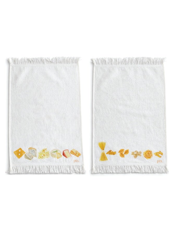 Printex Eg Printex.EG 100% Cotton Kitchen Towels, Set of 2, 400 GSM Ultra-Absorbent Dish Towels, Quick-Dry, Decorative Fringe, 50×30 cm,off White (cheese&pasta)) - Image 1