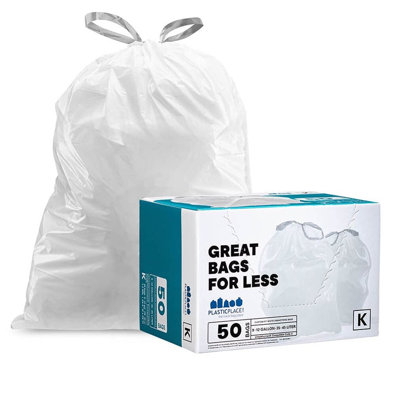 Plasticplace Custom Fit Trash Bags, Compatible with simplehuman Code K (50 Count) White Drawstring Garbage Liners 10 Gallon / 38 Liters 24" x 28" - Image 1