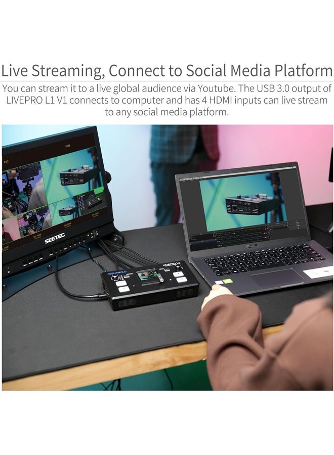 FEELWORLD LIVEPRO L1 V1 Multi Camera Video Mixer Switcher 2 Inch LCD Display 4 x HDMI Inputs USB 3.0 Output Format Real Time Production Live Streaming Lightweight
