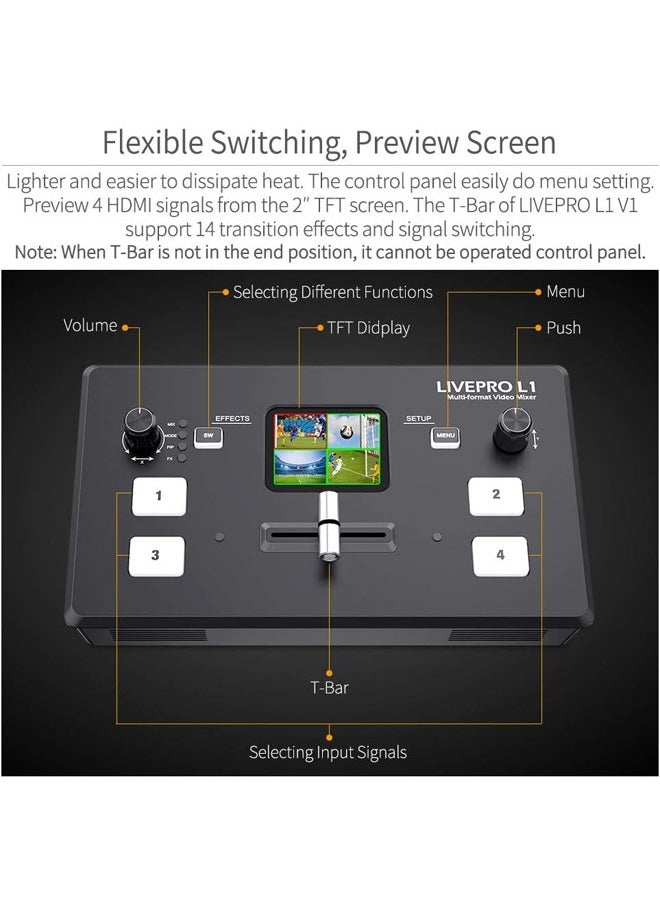 فيل وورلد - FEELWORLD LIVEPRO LIVEPRO L1 V1 V1 جهاز تبديل الفيديو متعدد الكاميرات بشاشة LCD مقاس 2 بوصة 4 × مدخلات HDMI 4 × مدخلات HDMI USB 3.0 تنسيق الإخراج بث مباشر في الوقت الحقيقي للإنتاج في بث مباشر خفيف الوزن - Image 1
