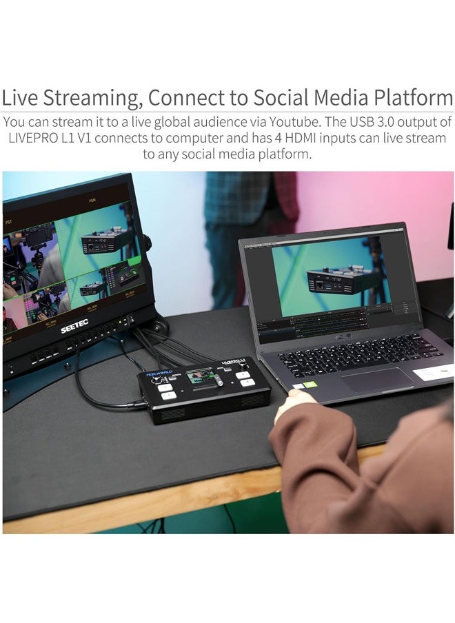 فيل وورلد - FEELWORLD LIVEPRO LIVEPRO L1 V1 V1 جهاز تبديل الفيديو متعدد الكاميرات بشاشة LCD مقاس 2 بوصة 4 × مدخلات HDMI 4 × مدخلات HDMI USB 3.0 تنسيق الإخراج بث مباشر في الوقت الحقيقي للإنتاج في بث مباشر خفيف الوزن - Image 1