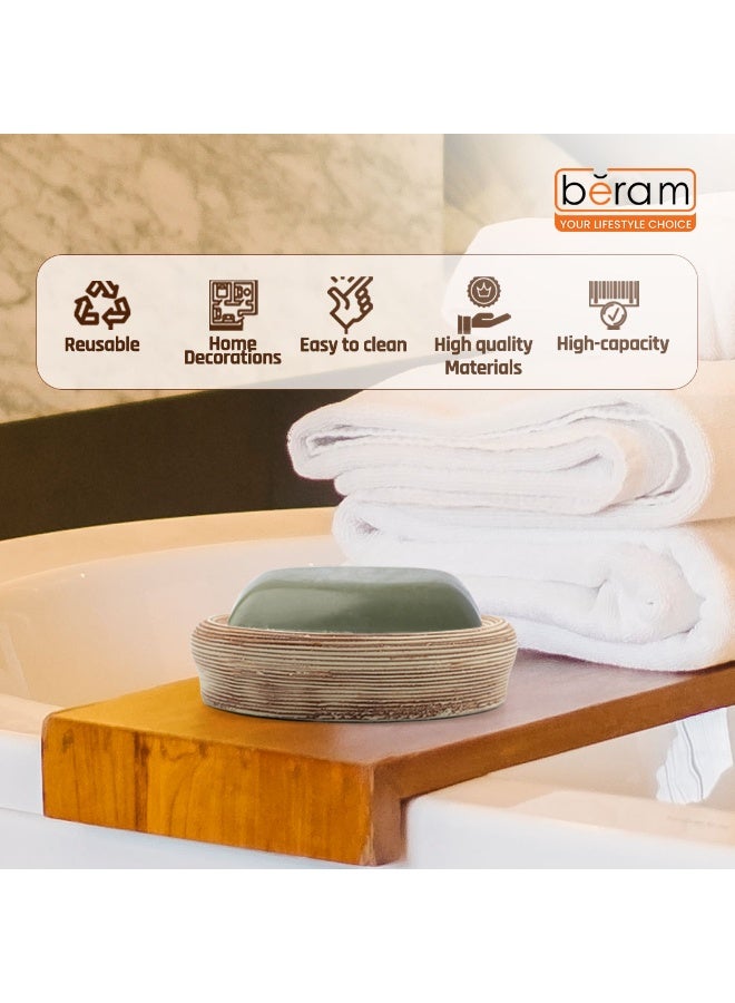 بيرام مجموعة برام المكونة من 5 قطع من ملحقات الحمام الخزفية البنية ذات الملمس تشمل موزع الصابون وحامل فرشاة الأسنان وكؤوس وصحن صابون بتصميم بيضاوي مصنوعة يدوياً للاستخدام المنزلي على سطح المغسلة (حامل الصابون) - Image 2