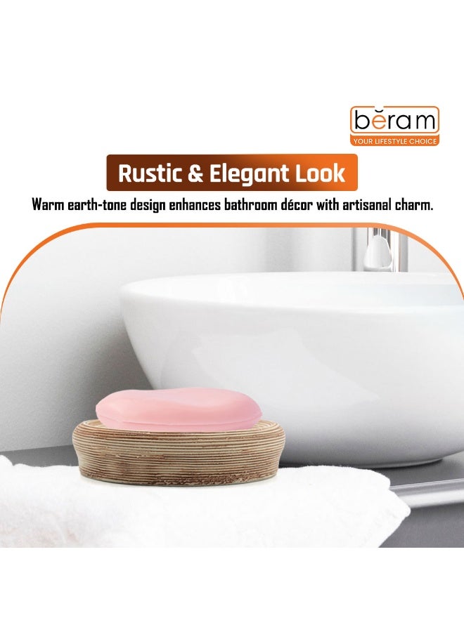 بيرام مجموعة برام المكونة من 5 قطع من ملحقات الحمام الخزفية البنية ذات الملمس تشمل موزع الصابون وحامل فرشاة الأسنان وكؤوس وصحن صابون بتصميم بيضاوي مصنوعة يدوياً للاستخدام المنزلي على سطح المغسلة (حامل الصابون) - Image 5