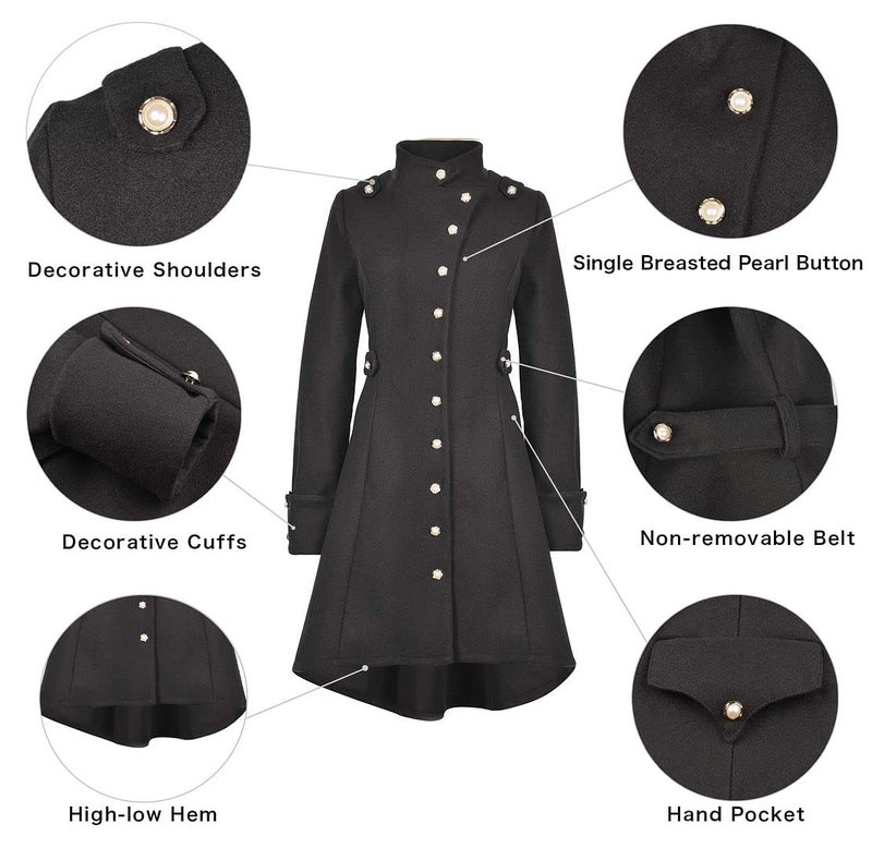QZUnique Long Trench Pea Coat for Women - Wool Winter Trench Coat Goth Lapel Peacoat Outwear Thick Hood Pea Jacket Trenchcoat - Image 2