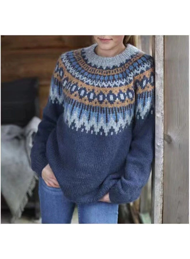 general Womens Fall Vintage Fair Isle Sweater Casual Loose Long Sleeve Crewneck Knitted Pullover Sweater Tops - Image 1