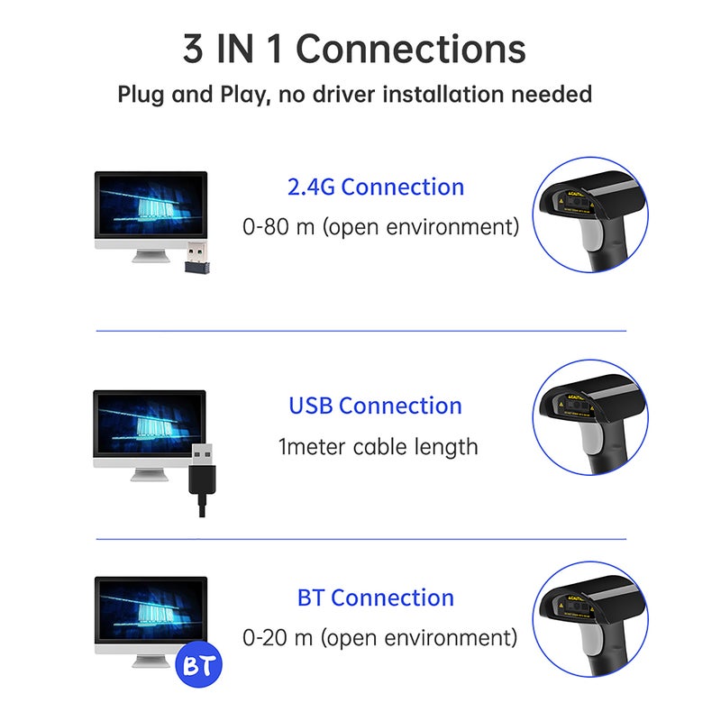 Wireless 2D 1D Barcode Scanner BT+2.4G+USB Wired Connection High Speed Scanning Wireless Charging Stand and OLED Display for Paper and Screen Codes Reader Compatible with Windows Android Linux Mac - Image 5