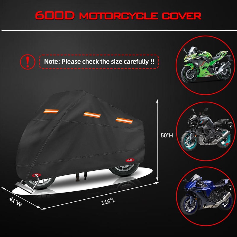 OWEEIO Upgrade Thickened 600D Heavy Duty Motorcycle Cover - Waterproof Motorbike Cover with Lock-Holes & Storage Bag (Black, 116" x 41" x 50") - Image 2