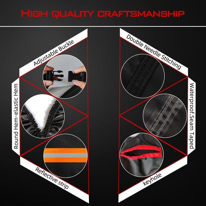 OWEEIO Upgrade Thickened 600D Heavy Duty Motorcycle Cover - Waterproof Motorbike Cover with Lock-Holes & Storage Bag (Black, 116" x 41" x 50") - Image 4