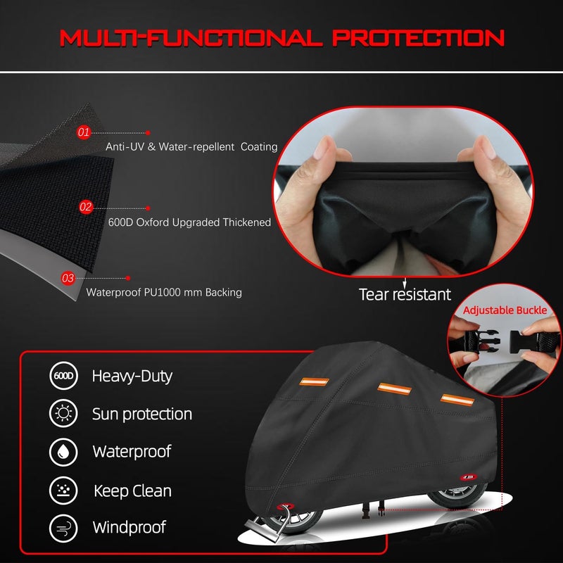 OWEEIO Upgrade Thickened 600D Heavy Duty Motorcycle Cover - Waterproof Motorbike Cover with Lock-Holes & Storage Bag (Black, 116" x 41" x 50") - Image 3