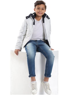Quilted Pattern Double Face Waterproof Boys Jacket _ White & Navy Blue