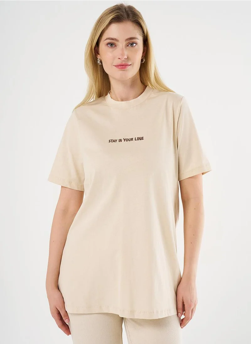 Kayra Slogan Embroidered T-shirt Cream