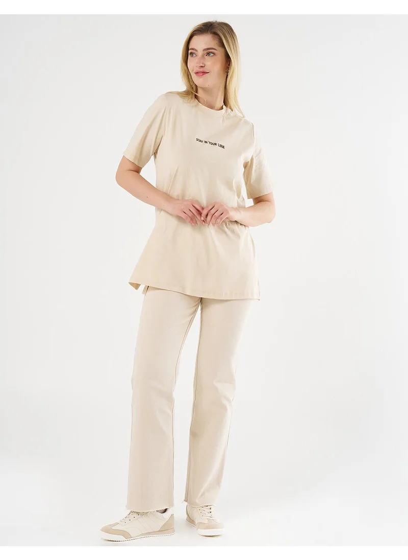 Kayra Slogan Embroidered T-shirt Cream