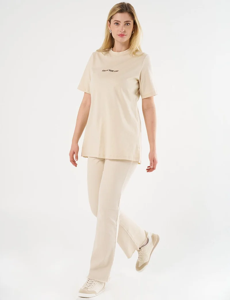 Kayra Slogan Embroidered T-shirt Cream