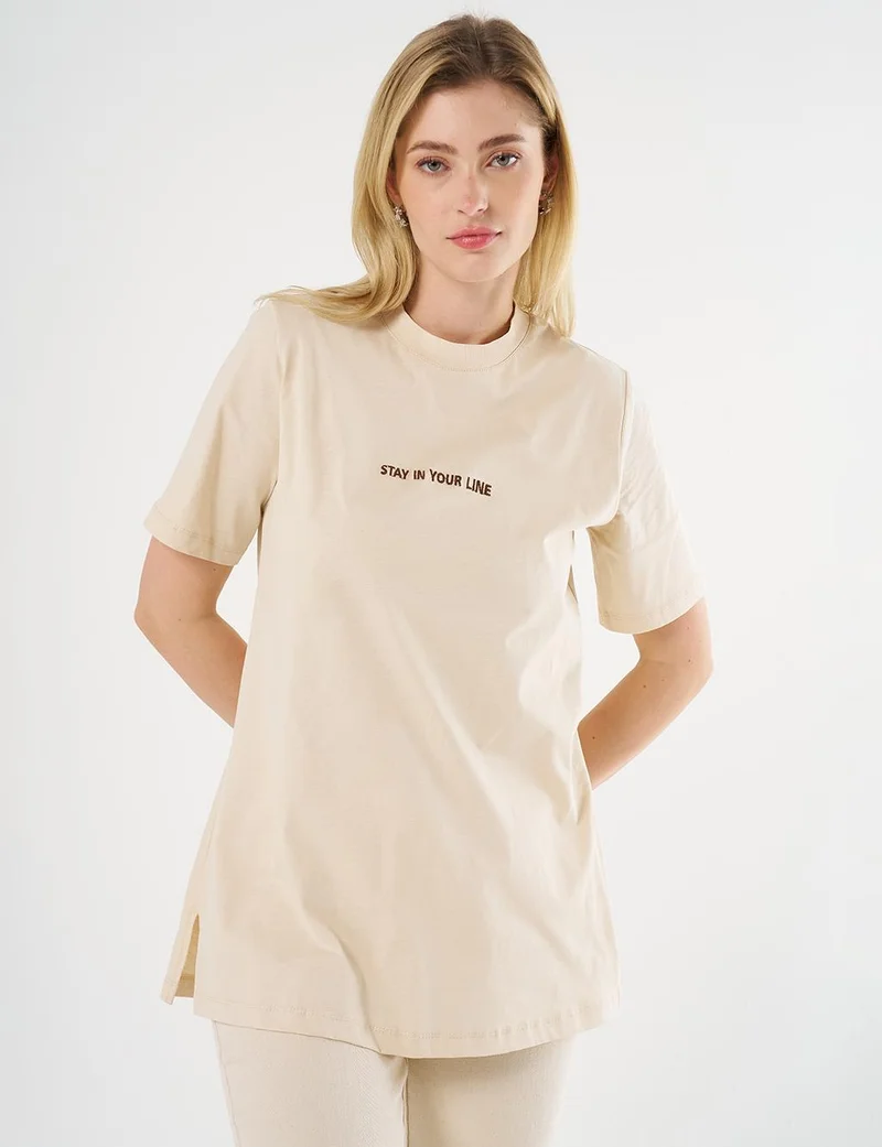 Kayra Slogan Embroidered T-shirt Cream